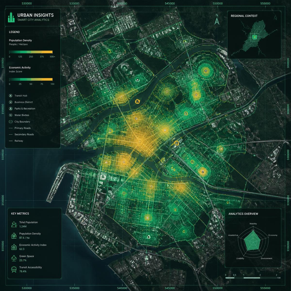 Visualização GIS de área urbana com mapa de calor digital